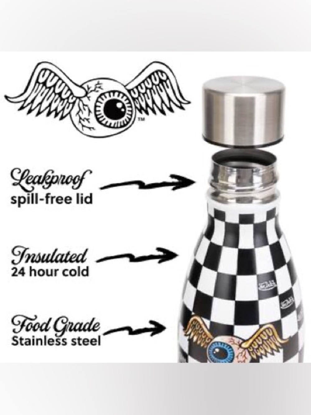 Von Dutch Checkerboard Stainless Water Bottle 24oz insulated Winged Eye Accents - Picture 3 of 3